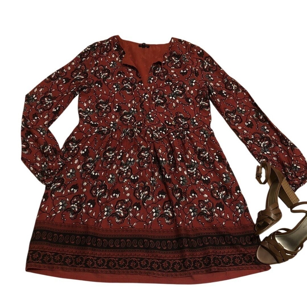 Floral dark romantic fall Thanksgiving cottage Medium maroon red dress sheer